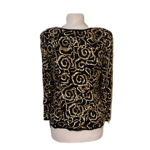 Vintage A.J Bari 100% Size 10 Black Gold Sequin Beaded Long Sleeve Top Regency